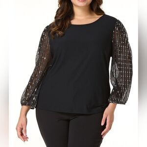 1X CATO Plus Size Solid Sequin Long Sleeve Top